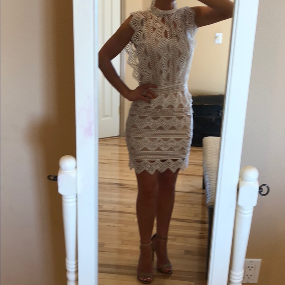 White lace dress with beige under tones